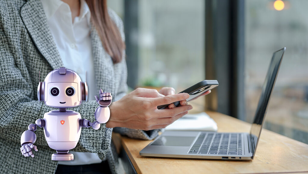 A person in a checkered blazer uses a smartphone and laptop at a desk. A smiling cartoon robot is superimposed on the left.